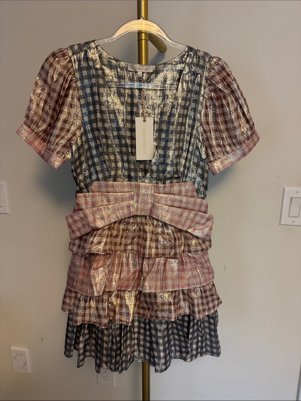LoveShackFancy Girls' Metallic Check Ruffle Dress in Pink and Blue
